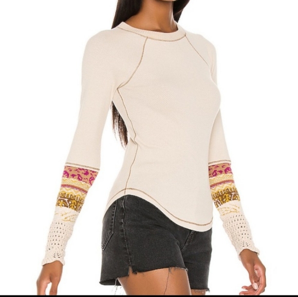 Free People In The Mix Cuff Waffle Knit Linen Combo Thermal LS Tee Size Med NWT - Picture 10 of 13